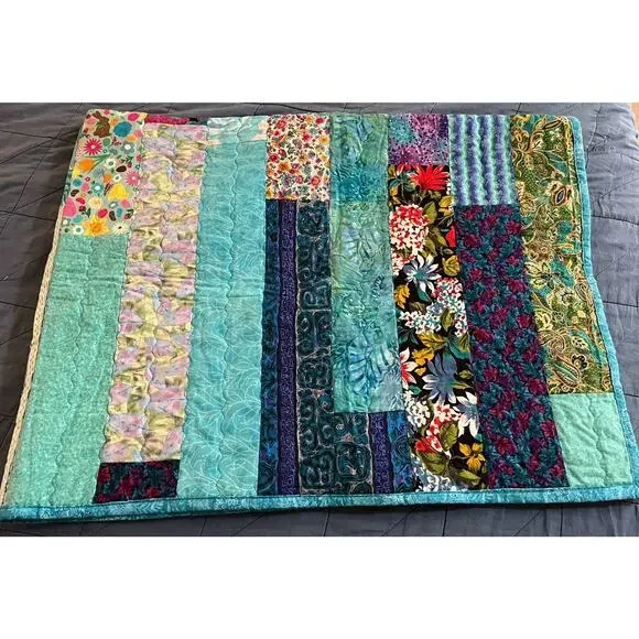 Handmade Batik Quilt, Blue purple teapots stripes floral grapes 47 x 63 Size